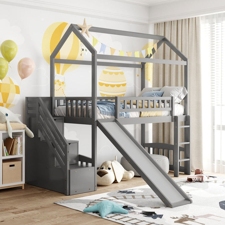 Twin Loft Bed with Two Drawers and Slide, House Bed with Slide, Gray (Old SKU: LP000130AAE)DTYStore