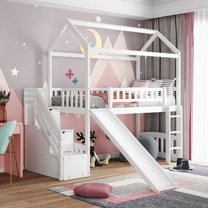 Twin Loft Bed with Two Drawers and Slide, House Bed with Slide, White (Old SKU: LP000130AAK)DTYStore