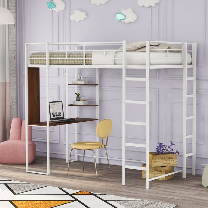 Twin Metal Loft Bed with 2 Shelves and one Desk ,WHITE(Old SKU: MF281206AAK)DTYStore