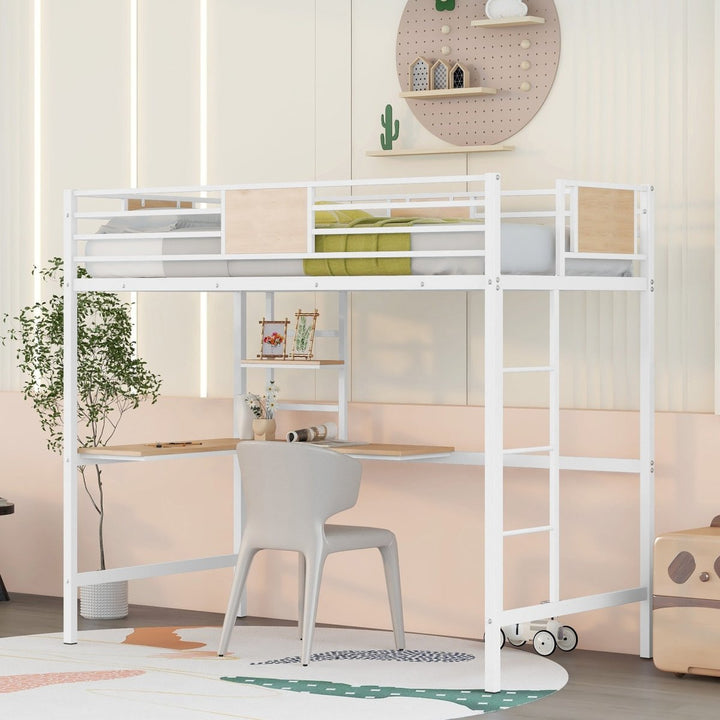 Twin Metal Loft Bed with Desk and Shelve,WhiteDTYStore