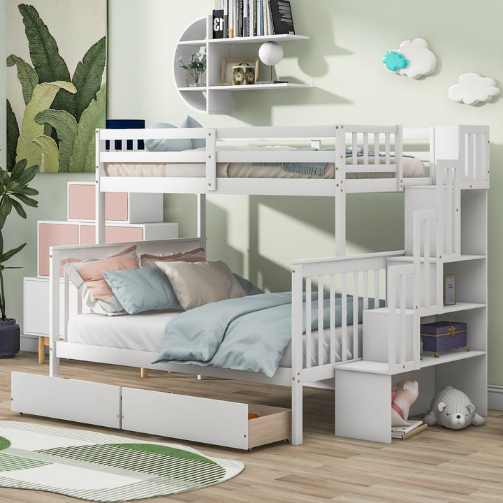 Twin Over Full Bunk Bed with 2 Drawers and Staircases, Convertible into 2 Beds, the Bunk Bed with Staircase and Safety Rails for Kids, Teens, Adults, WhiteDTYStore