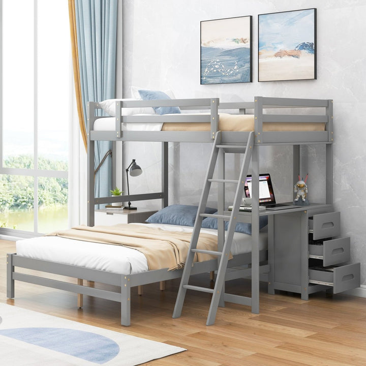 Twin over Full Bunk Bed with Built-in Desk and Three Drawers,GreyDTYStore