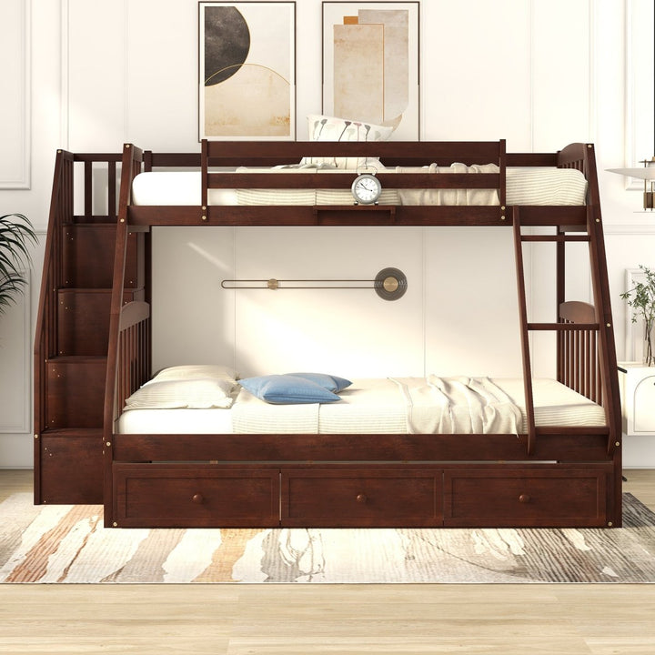 Twin-Over-Full Bunk Bed with Drawers，Ladder and Storage Staircase, EspressoDTYStore