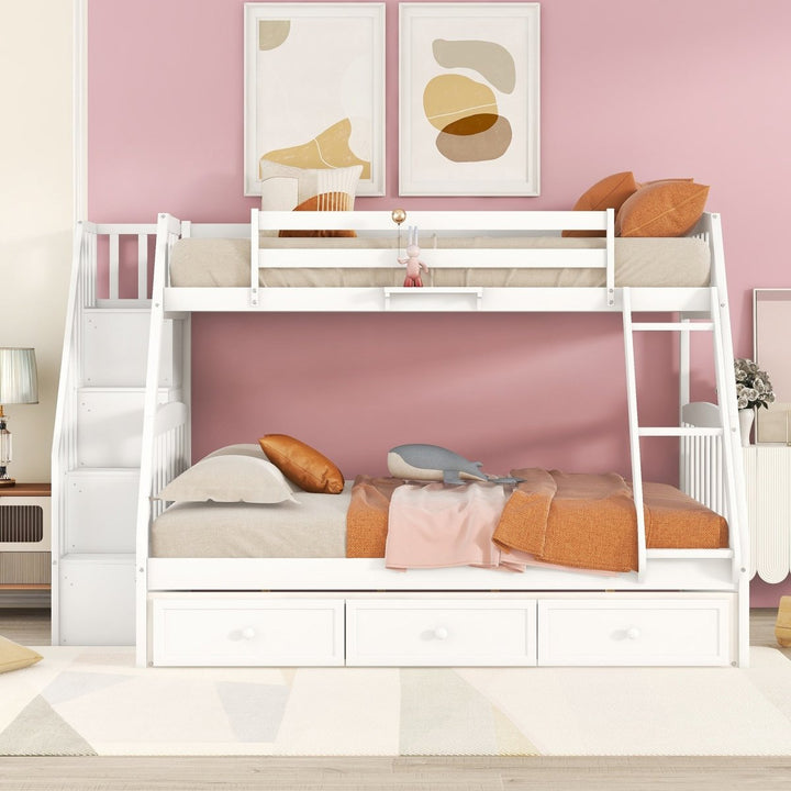Twin-Over-Full Bunk Bed with Drawers，Ladder and Storage Staircase, WhiteDTYStore