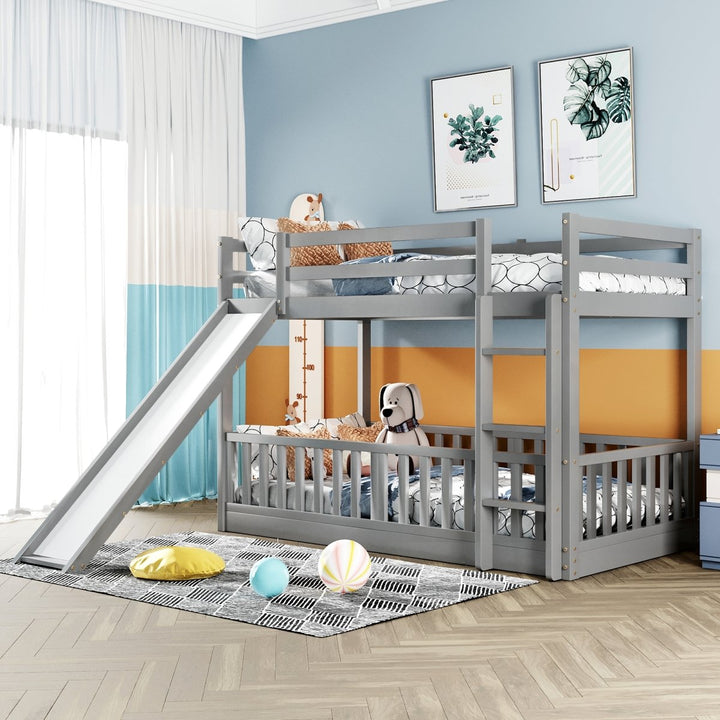 Twin Over Twin Bunk Bed with Slide and Ladder, Gray（Old SKU:LP000009AAE）DTYStore