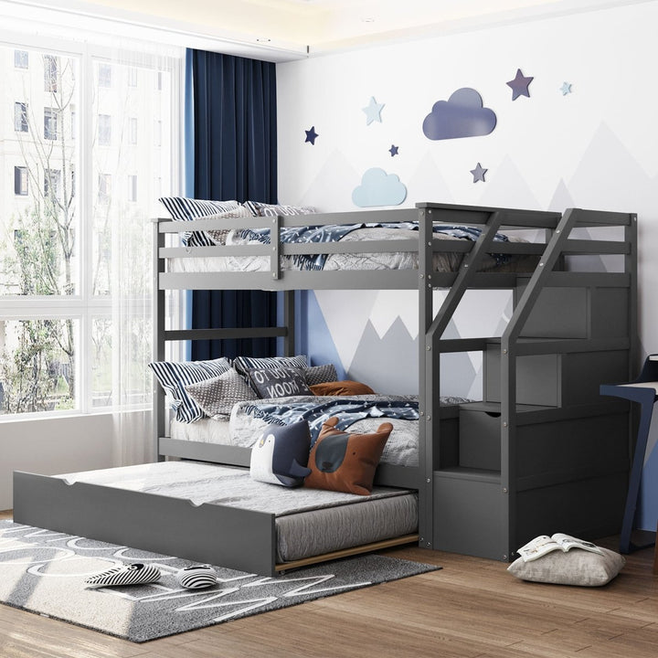 Twin-Over-Twin Bunk Bed with Twin Size Trundle and 3 Storage Stairs,Gray (OLD SKU :LP000064AAE)DTYStore