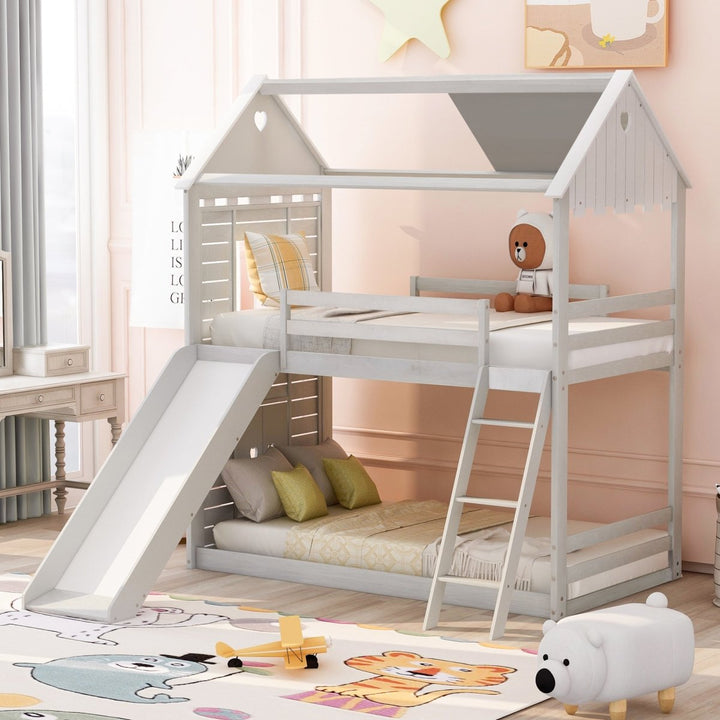 Twin Over Twin Bunk Bed Wood Bed with Roof, Window, Slide, Ladder ,Antique White(OLD SKU:LP000059AAK)DTYStore
