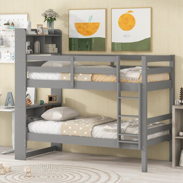 Twin Over Twin Bunk Beds with Bookcase Headboard, Solid Wood Bed Frame with Safety Rail and Ladder, Kids/Teens Bedroom, Guest Room Furniture, Can Be converted into 2 Beds, GreyDTYStore