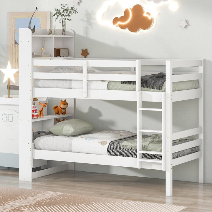 Twin Over Twin Bunk Beds with Bookcase Headboard, Solid Wood Bed Frame with Safety Rail and Ladder, Kids/Teens Bedroom, Guest Room Furniture, Can Be converted into 2 Beds, WhiteDTYStore