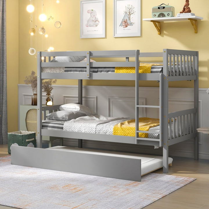 Twin Over Twin Bunk Beds with Trundle, Solid Wood Trundle Bed Frame with Safety Rail and Ladder, Kids/Teens Bedroom, Guest Room Furniture, Can Be converted into 2 Beds,Grey (Old Sku:W504S00027)DTYStore