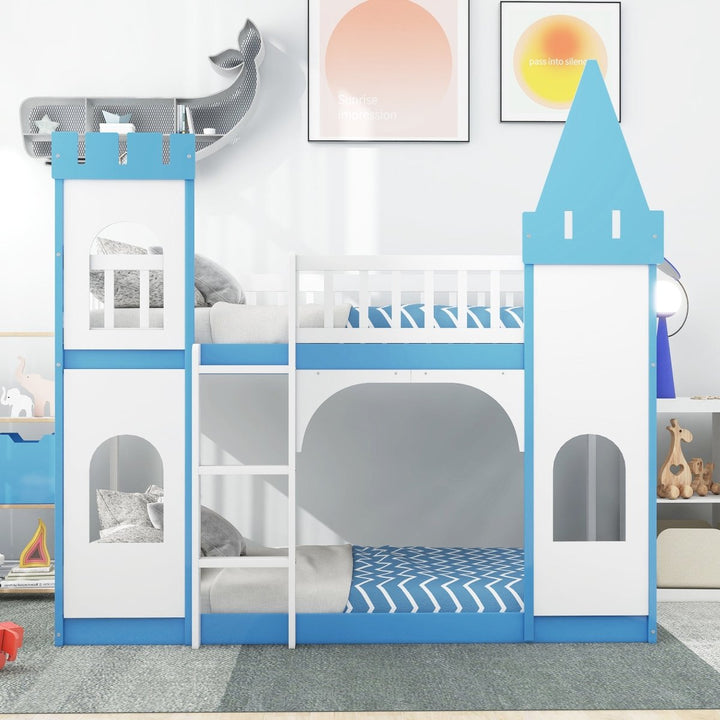 Twin Over Twin Castle Bunk Bed with Ladder - BlueDTYStore