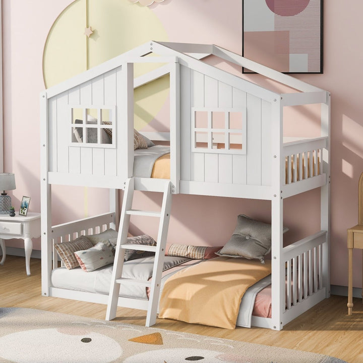 Twin Over Twin House Bunk Bed With Ladder, Wood Bed-WhiteDTYStore