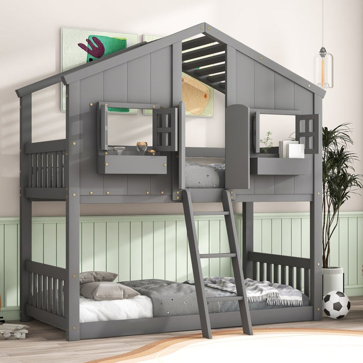 Twin over Twin House Bunk Bed with Roof , Window, Window Box, Door , with Safety Guardrails and Ladder, GreyDTYStore