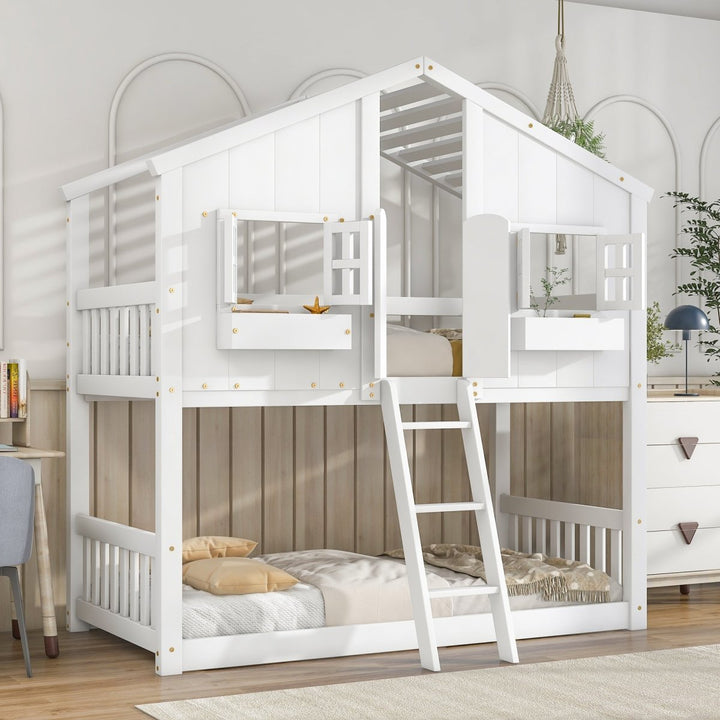 Twin over Twin House Bunk Bed with Roof , Window, Window Box, Door , with Safety Guardrails and Ladder,WhiteDTYStore