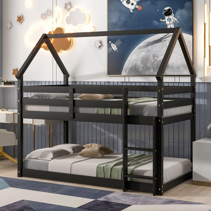 Twin over Twin Loft Bed with Roof Design, Safety Guardrail, Ladder, EspressoDTYStore