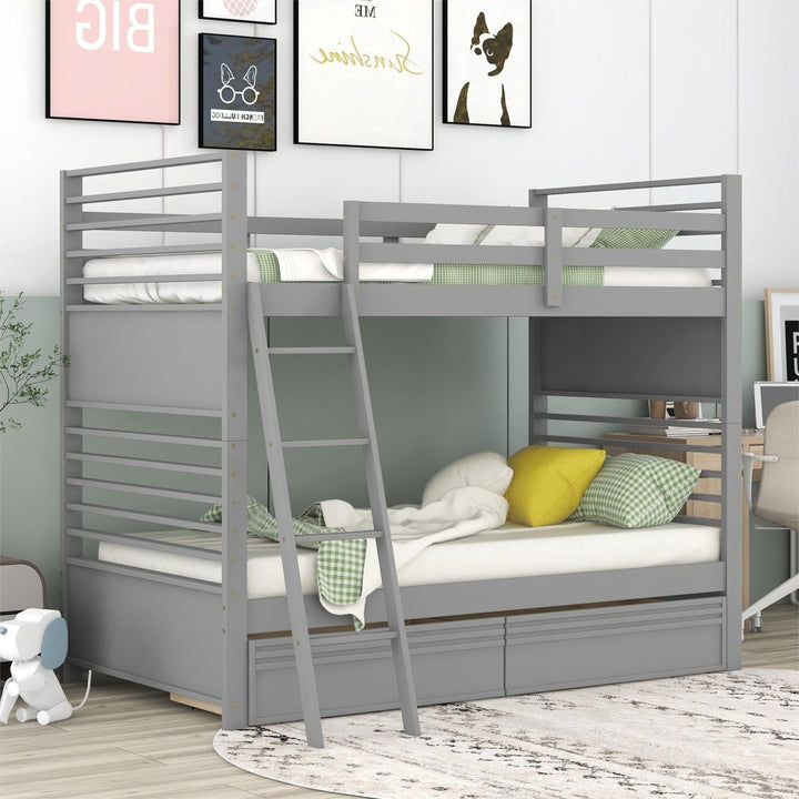 Twin over Twin Wood Bunk Bed with Two Drawers - GrayDTYStore