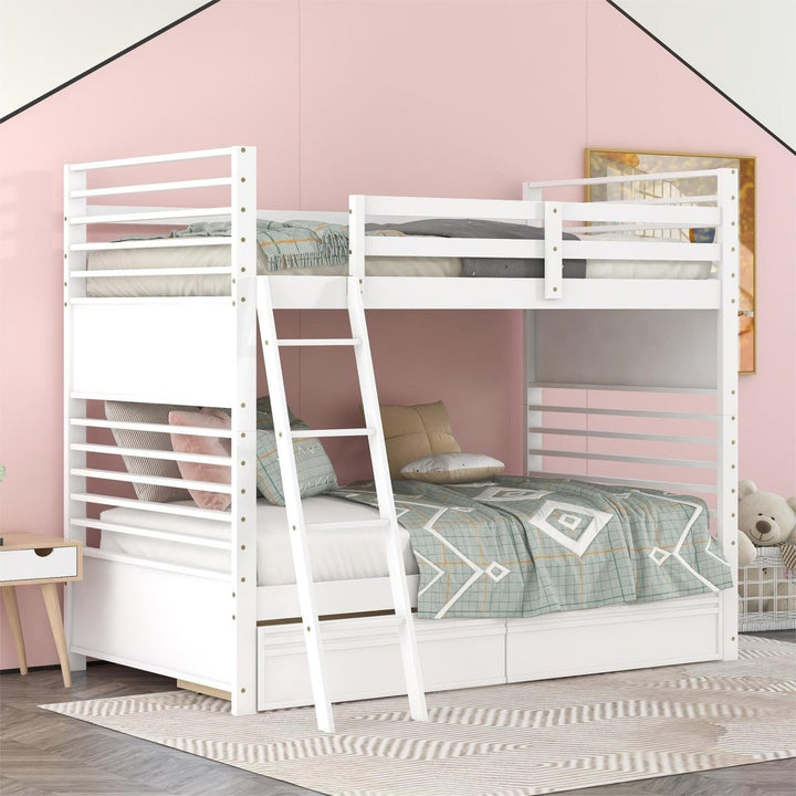 Twin over Twin Wood Bunk Bed with Two Drawers - WhiteDTYStore