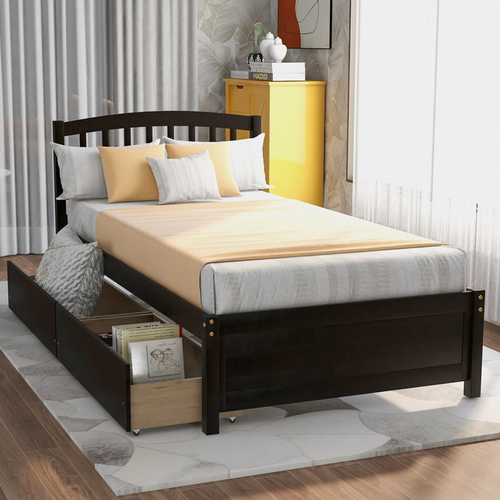 Twin Platform Storage Bed Wood Bed Frame with Two Drawers and Headboard, Espresso（Previous SKU: SF000062PAA）DTYStore