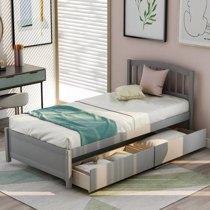 Twin Platform Storage Bed Wood Bed Frame with Two Drawers and Headboard, GrayDTYStore