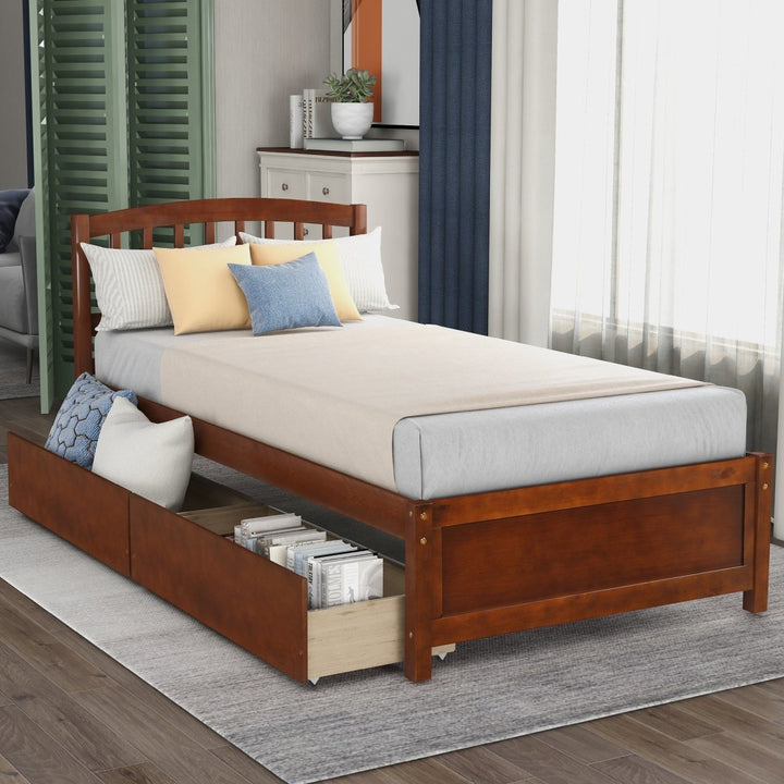 Twin Platform Storage Bed Wood Bed Frame with Two Drawers and Headboard, Walnut（Previous SKU: SF000062DAA）DTYStore