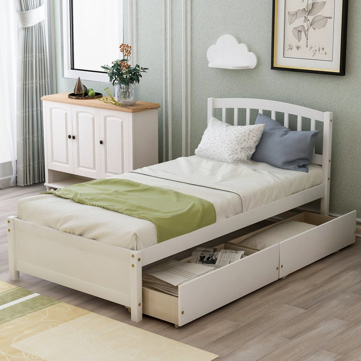Twin Platform Storage Bed Wood Bed Frame with Two Drawers and Headboard, White （Previous SKU: SF000062KAA）DTYStore