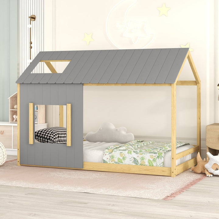 Twin Size House Bed with Roof and Window - Gray+NaturalDTYStore