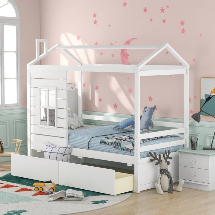 Twin Size House Bed Wood Bed with Two Drawers ( White )DTYStore