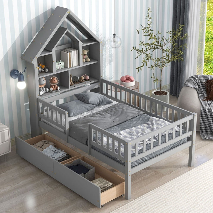 Twin Size House-Shaped Headboard Bed with Fence Guardrails and Drawers ,GrayDTYStore