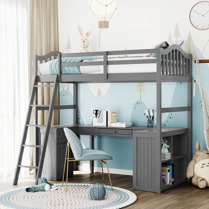 Twin size Loft Bed with Drawers, Cabinet, Shelves and Desk, Wooden Loft Bed with Desk - Gray(OLD SKU :LT000505AAE)DTYStore
