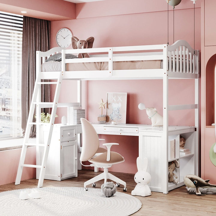 Twin size Loft Bed with Drawers, Cabinet, Shelves and Desk, Wooden Loft Bed with Desk - White(OLD SKU :LT000505AAK)DTYStore
