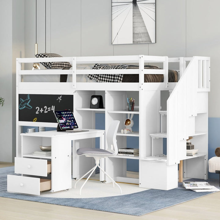 Twin Size Loft Bed with Pullable Desk and Storage Shelves,Staircase and Blackboard,WhiteDTYStore