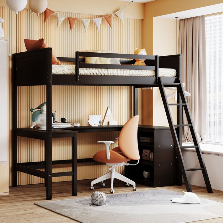 Twin size Loft Bed with Shelves and Desk, Wooden Loft Bed with Desk - Espresso(OLD SKU:LT000537AAP)DTYStore