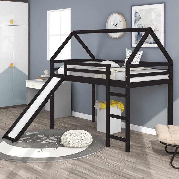 Twin Size Loft Bed with Slide, House Bed with Slide,Espresso(OLD SKU :WF281158AAP)DTYStore