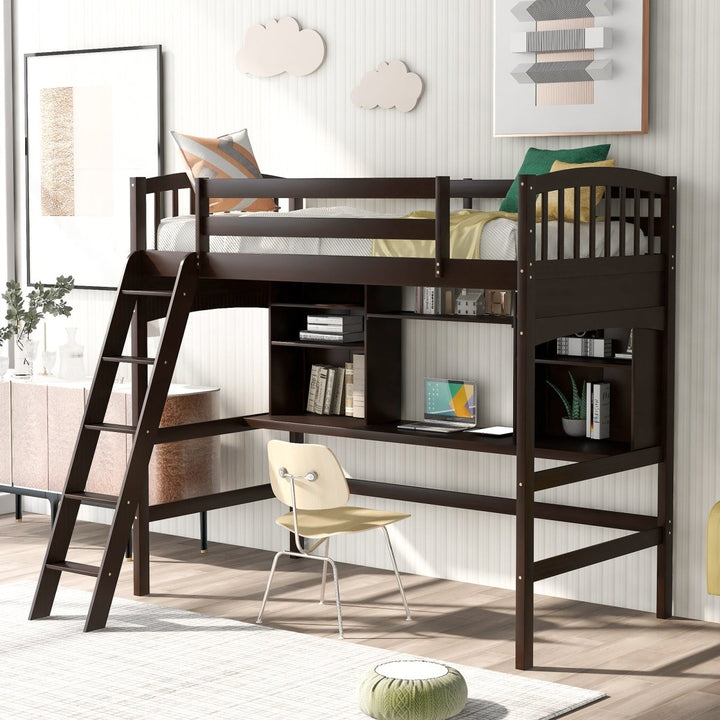 Twin size Loft Bed with Storage Shelves, Desk and Ladder, Espresso(OLD SKU :LP000140PAA)DTYStore
