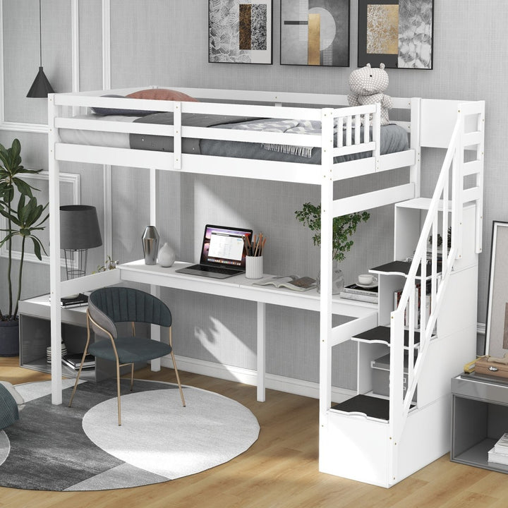 Twin Size Loft Bed with Storage Staircase and Built-in Desk, White (Old SKU:GX000903AAK)DTYStore