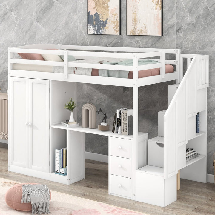 Twin Size Loft Bed with Wardrobe and Staircase, Desk and Storage Drawers and Cabinet in 1, WhiteDTYStore