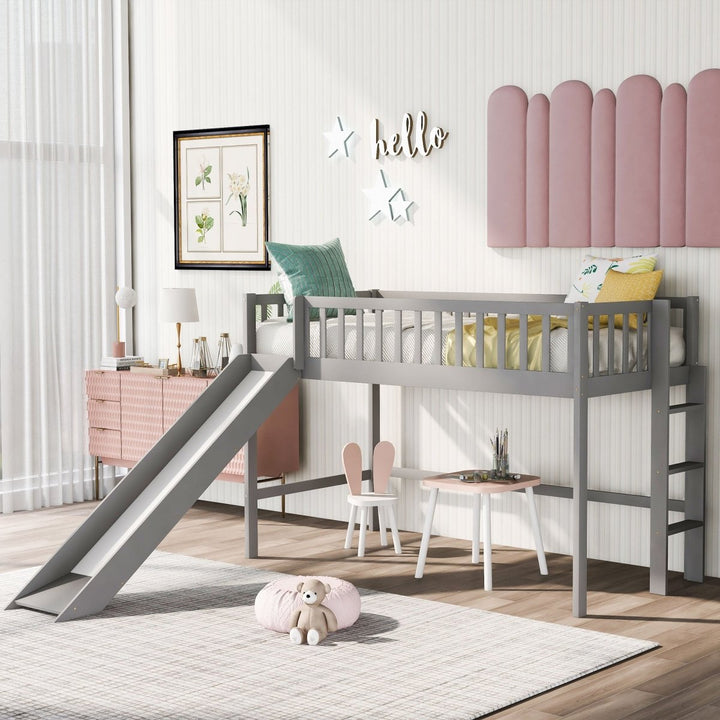 Twin Size Low Loft Bed with Ladder and Slide, Gray(OLD SKU:WF196418AAE)DTYStore