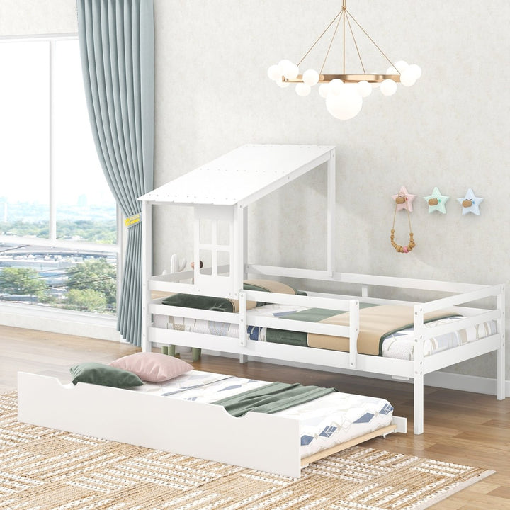 Twin Size Low Loft House Bed with Trundle,Roof and Window Design,WhiteDTYStore