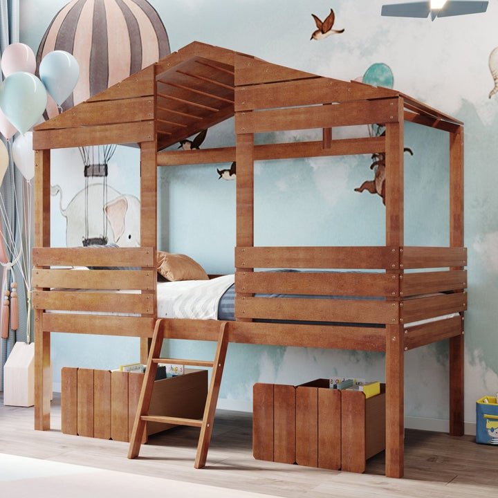 Twin Size Low Loft Wood House Bed with Two Drawers, WalnutDTYStore