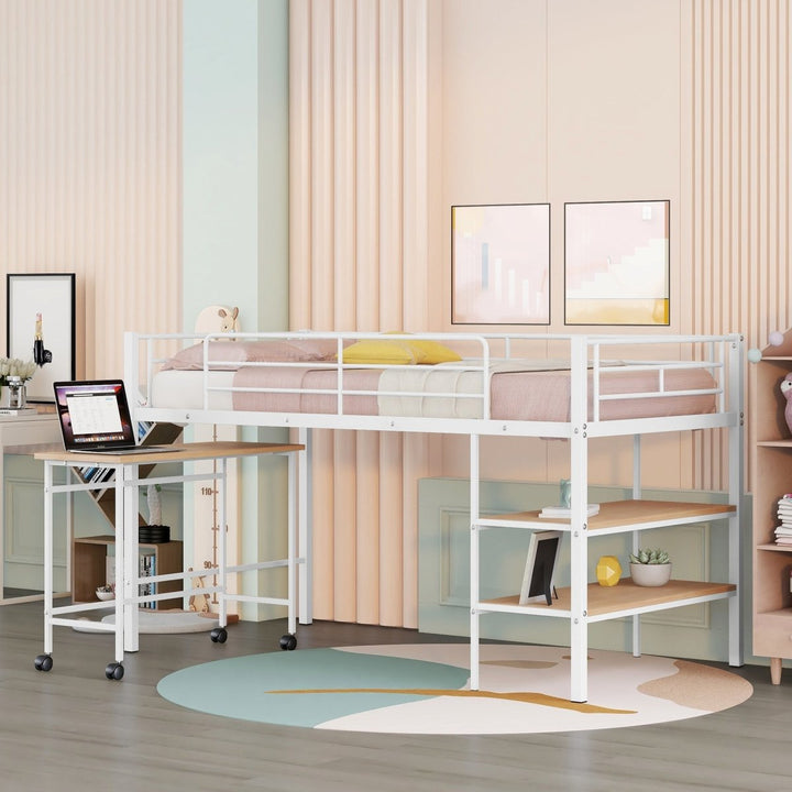 Twin Size Metal Loft Bed with Desk and Shelves,WhiteDTYStore