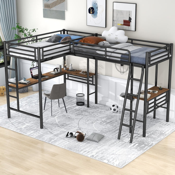 Twin Size Metal Loft Bed with Two Built-in Desks,BlackDTYStore