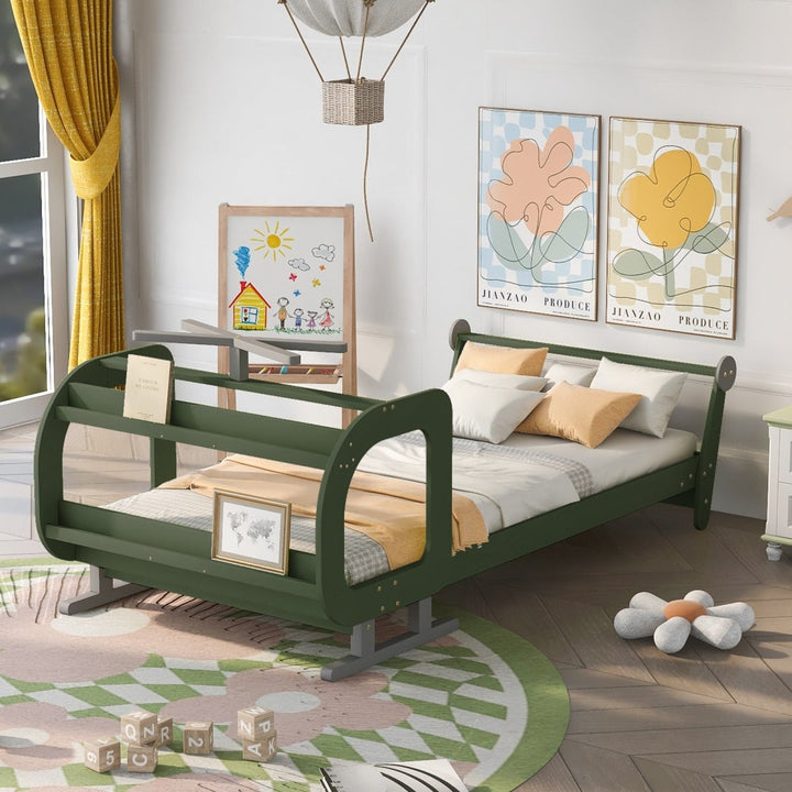 Twin Size Plane Shaped Platform Bed with Rotatable Propeller and Shelves, GreenDTYStore