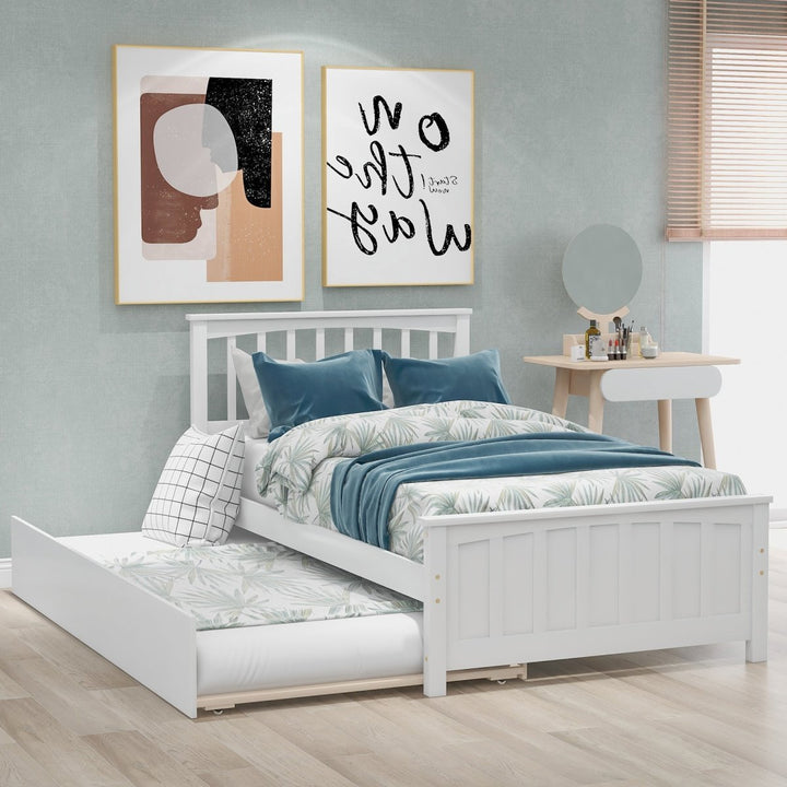 Twin size Platform Bed with Trundle, WhiteDTYStore