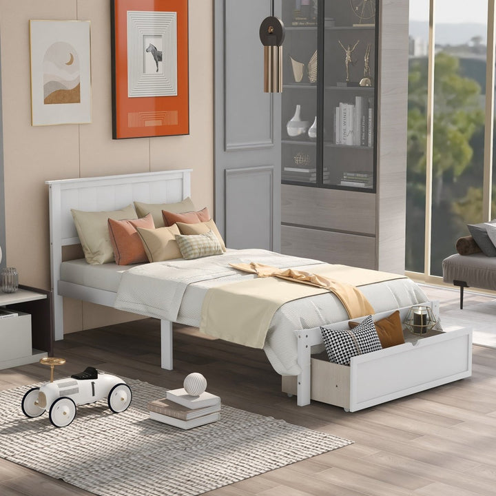 Twin Size Platform Bed with Under-bed Drawer, WhiteDTYStore