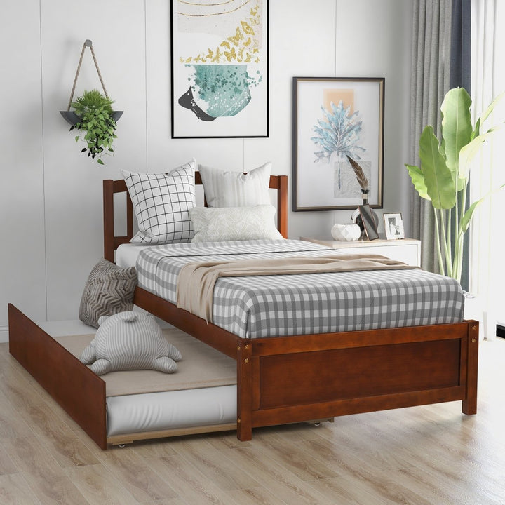 Twin size Platform Bed Wood Bed Frame with Trundle, WalnutDTYStore