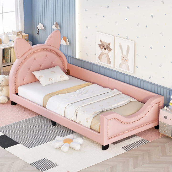 Twin Size Upholstered Daybed with Carton Ears Shaped Headboard, PinkDTYStore