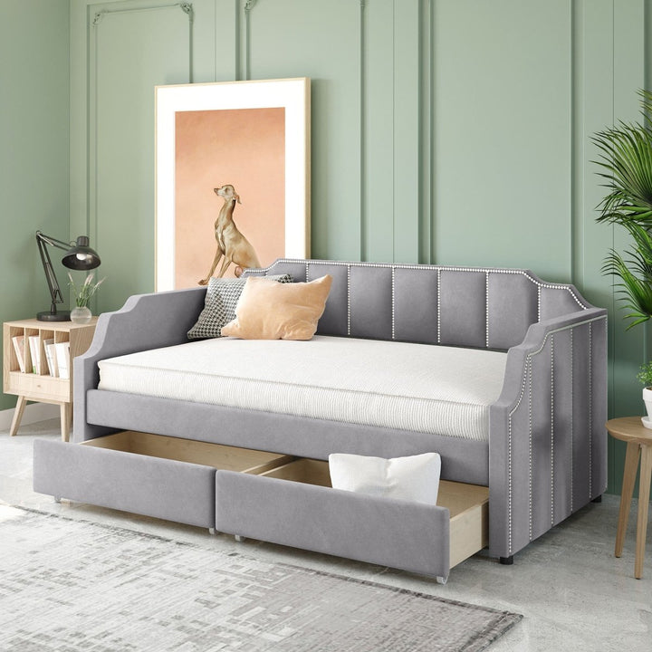 Twin Size Upholstered daybed with Drawers, Wood Slat Support, GrayDTYStore
