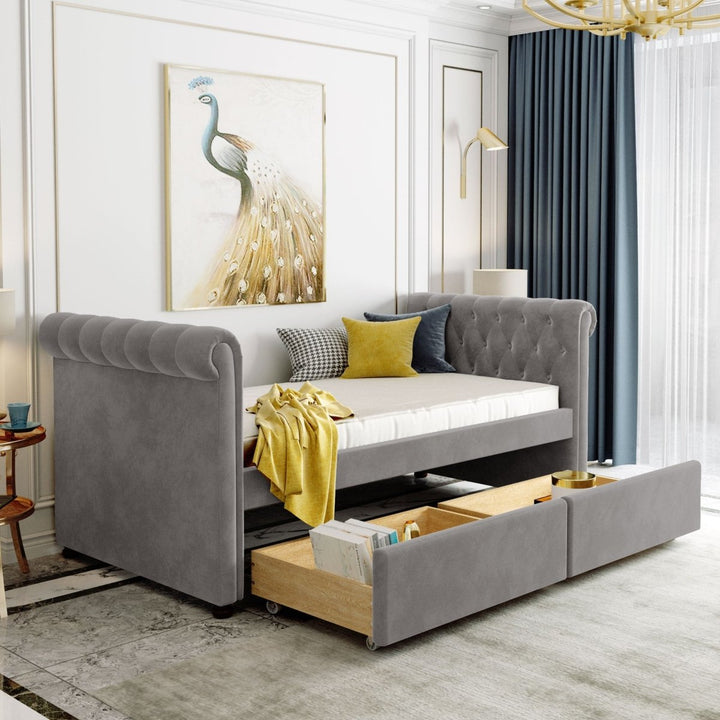 Twin Size Upholstered daybed with Drawers, Wood Slat Support, Gray(OLD SKU :LP000117AAE)DTYStore