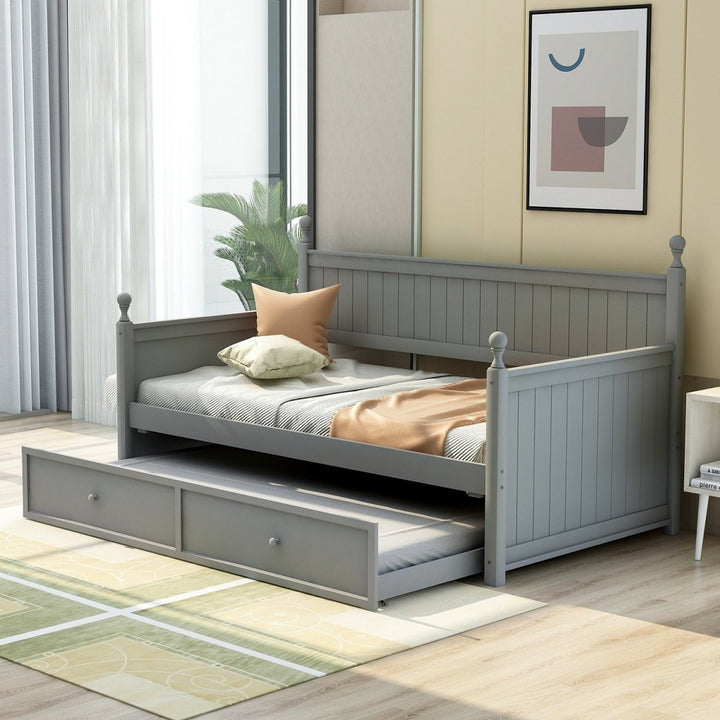 Twin Size Wood Daybed with Twin Size Trundle (Gray)DTYStore