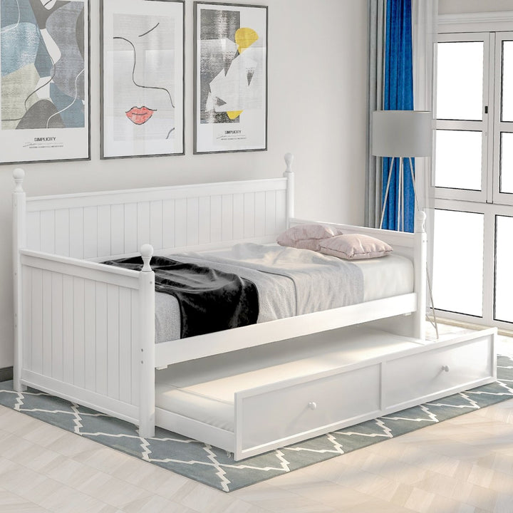 Twin Size Wood Daybed with Twin Size Trundle (White)DTYStore